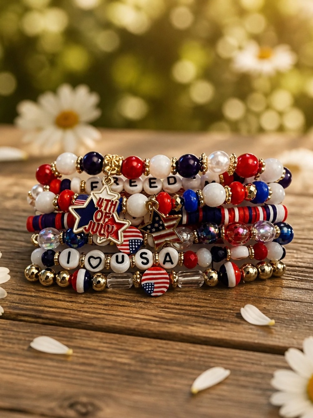Patriotic 4th of July Beaded Bracelet Set - Red, White & Blue